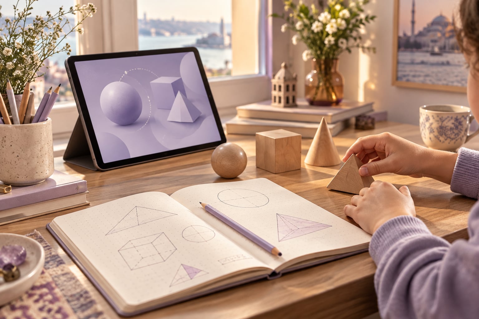 Geometrik şekiller, defter ve tabletle hazırlanmış çalışma masası; temsili görsel